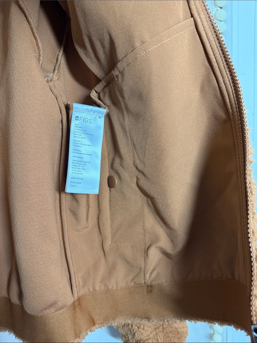 FIGS High Pile Sherpa Fleece Bomber Jacket Full Zip Mocha Brown Tan Medium - Picture 10 of 10